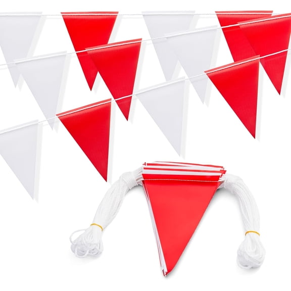 Heavy Duty Pennant Banner Flags with Warning Signs - Multipurpose 105FT Colored Safety Alert Flags for Party,Construction Sites, Industrial Zones, and Events(RED+WHITE,45pcs,105FT)
