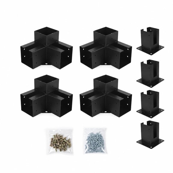Heavy Duty Pergola Bracket Kit for 4x4 Wood Posts Rust-Proof Steel 3-Way Corner & 4-Way Center Brackets, Post Bases for Pergola, Gazebo, Patio Black