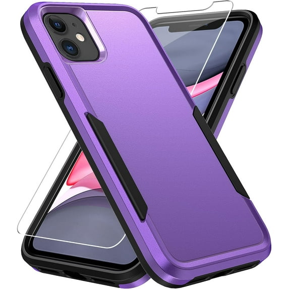 Heavy Duty Phone Case Designed for Apple iPhone 12, 12 Pro Case with 1Pc Tempered Glass Screen Protector, Shockproof Dropproof Anti-Scratch Phone Case Cover for Apple iPhone 12, 12 Pro,Purple