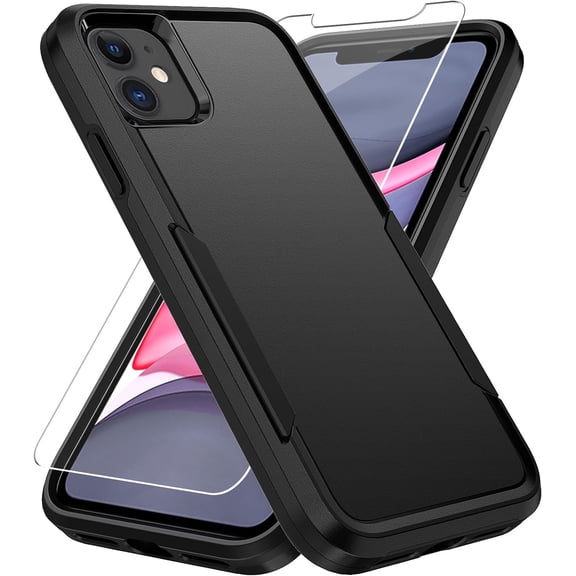 Heavy Duty Phone Case Designed for Apple iPhone 12, 12 Pro Case with 1Pc Tempered Glass Screen Protector, Shockproof Dropproof Anti-Scratch Phone Case Cover for Apple iPhone 12, 12 Pro,Black