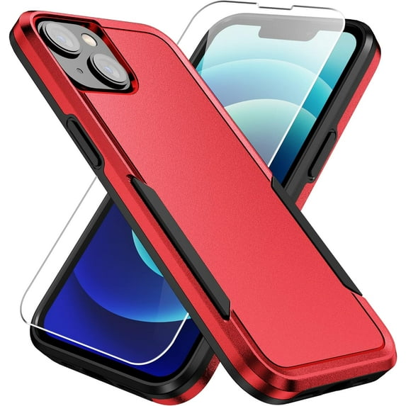 Heavy Duty Phone Case Designed for Apple iPhone 15 Case with 1Pc Tempered Glass Screen Protector, Shockproof Dropproof Anti-Scratch Phone Case Cover for Apple iPhone 15,Red