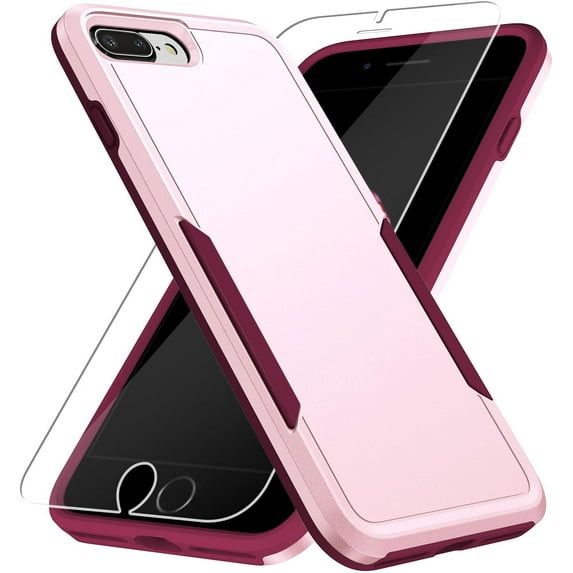 Heavy Duty Phone Case Designed for Apple iPhone 8 Plus,7 Plus Case with 1Pc Tempered Glass Screen Protector, Shockproof Dropproof Anti-Scratch Phone Case Cover for Apple iPhone 8 Plus,7 Plus,Pink