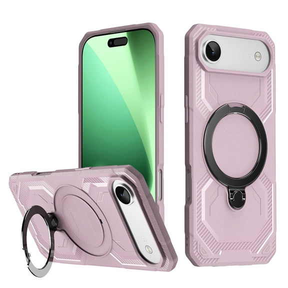 Heavy Duty Phone Case For iPhone 17 Air,Built-in Rotatable Magnetic Ring Kickstand,Shockproof Dropproof Tough Rugged Anti-fall Protective Phone Case Cover For iPhone 17 Air, Pink