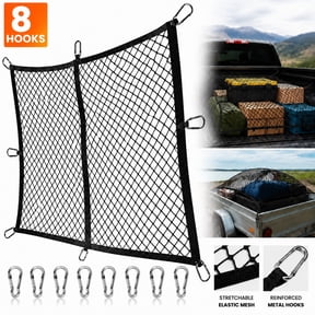 Heavy-Duty Pickup Truck Bed Cargo Net , 4'×4' to 7'×7' Stretchable Elastic Mesh with 8 Reinforced Metal Hooks , Secures Luggage, Tools & Equipment , Fits Most Trucks, SUVs, Vans & Boats