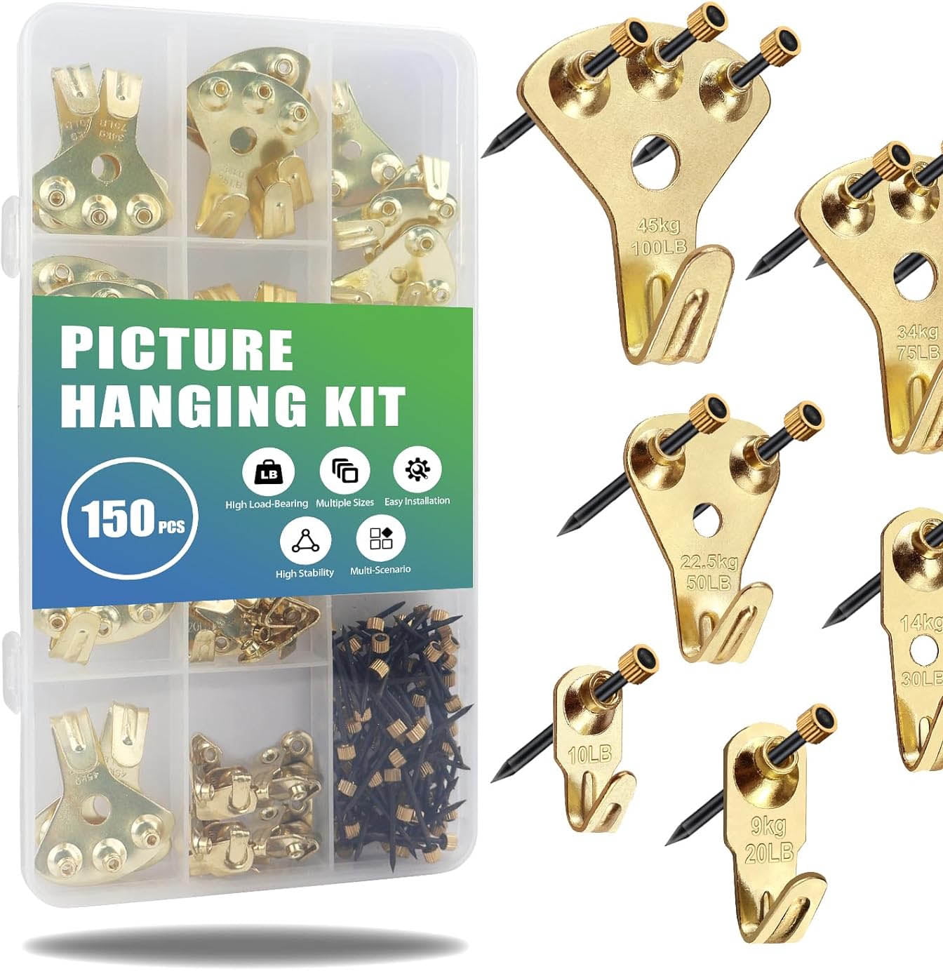 Heavy Duty Picture Hangers Kit, Wall Hanging Hooks with Nails for Drywall & Wood, for Pictures, Clocks, Mirrors, and Home Decor