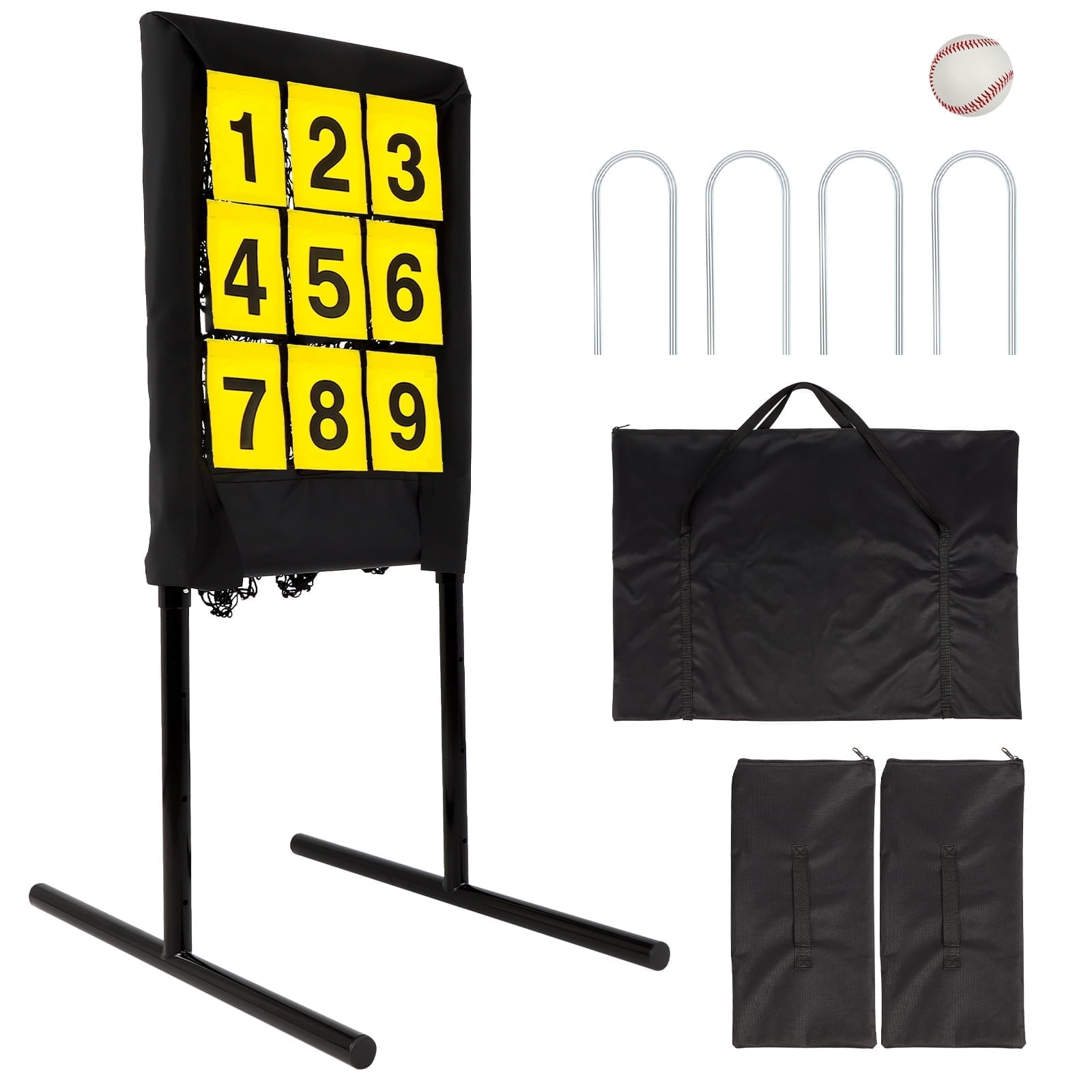 Heavy-Duty Pitching Net, 9 Hole Pitching Net with Strike Zone Removable Digital Targets,3 Height Adjustable Throwing Trainer for Baseball & Softball with Ball (Black)