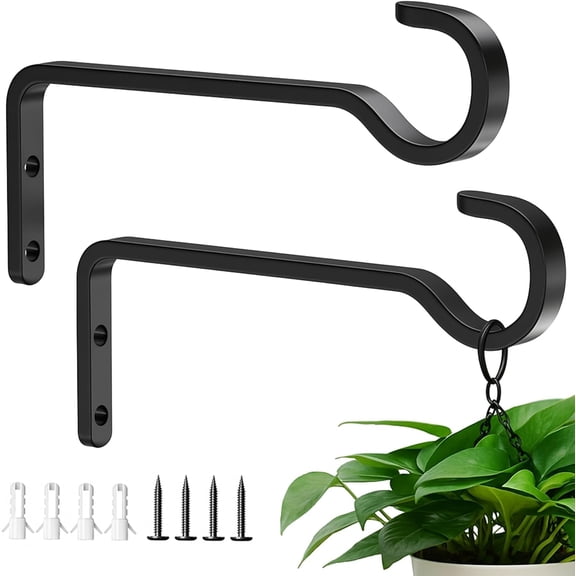 Heavy Duty Plant Hooks for Wall: 6-Inch 2 Pack Hangers Outdoor, Hold 35lb, Bird Feeder Hanger Outside, Iron Planter Brackets Hanging Baskets, Wind Chime, Lantern, Metal - Black