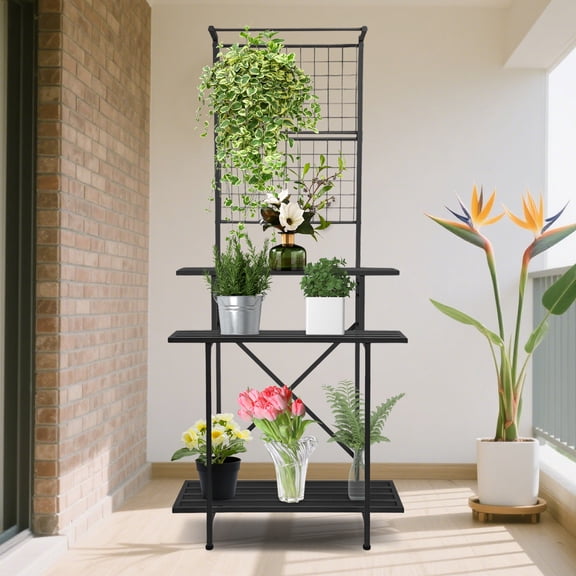 Heavy Duty Plant Rack 78.74in Height, Matte Black Powder Coating & Ventilated Shelves, 100kg Load-Bearing for Garden Centers/Retail Displays