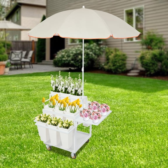 Heavy Duty Plant Stand Cart, 5ft Umbrella & Foldable Shelf for Mobile Business 50kg Load