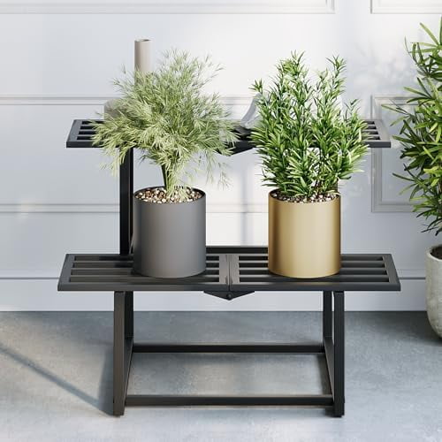 Heavy Duty Plant Stand Indoor Outdoor, Foldable Metal Plant Shelf for Multiple Pots, Mid Century Slatted Bench for Patio Garden, 2 Tier Black