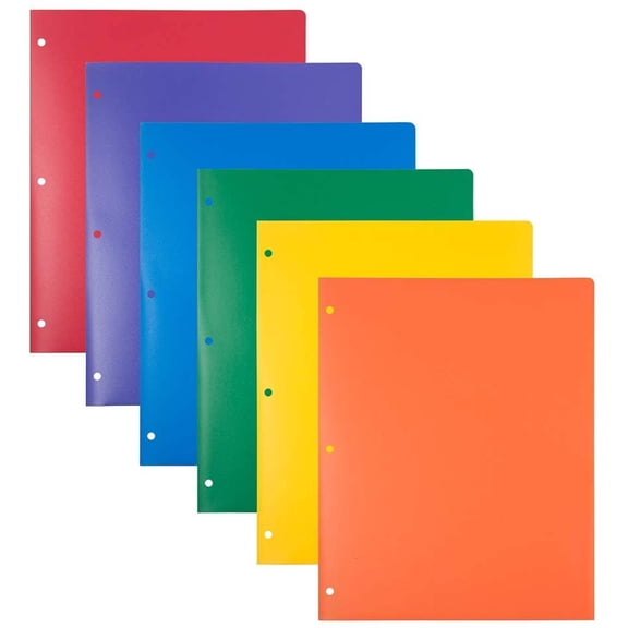 Heavy Duty Plastic 3 Hole Punch Pocket Folders - Extra Tough School Assorted Primary Colors 6/Pack
