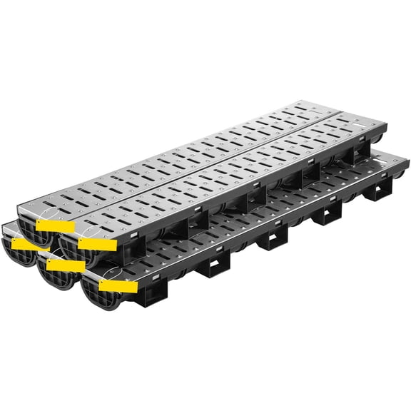 Heavy Duty Plastic Channel Drain Kit, 5.7x3.1-Inch HDPE Driveway Drain with Metal Grate, 5-Pack Garage and Patio Drainage System, Includes End Caps