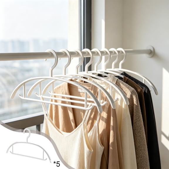 Heavy Duty Plastic Clothes Hangers - Thickened, Skid-Proof, No Shoulder Bumps - 5 Pack White Wall-Mounted Drying Rack for Bathroom, Balcony, Kitchen - Space-Saving Hanger Rack with Strong Suction Cup