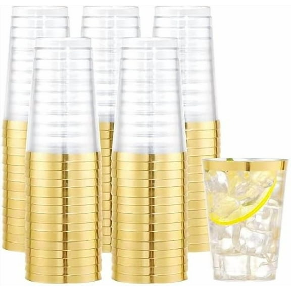 Heavy Duty Plastic Cups, 9 oz, Gold Rimmed, Clear, 100 Count, BPA Free, Disposable, for Party & Wedding