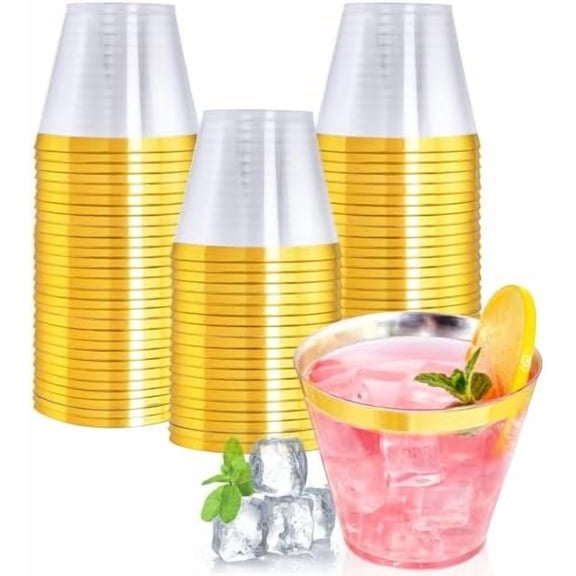 Heavy Duty Plastic Cups, 9 oz, Gold Rimmed, Clear, 100 Count, BPA Free, Disposable, for Party & Wedding