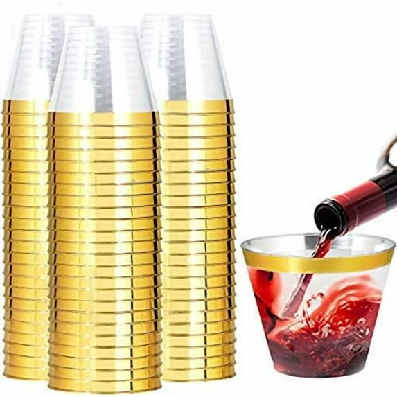 Heavy Duty Plastic Cups, 9 oz, Gold Rimmed, Clear, 100 Count, BPA Free, Disposable, for Party & Wedding