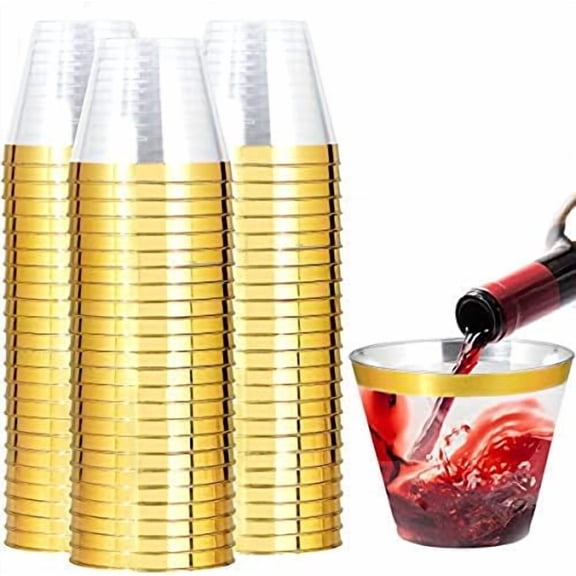 Heavy Duty Plastic Cups, 9 oz, Gold Rimmed, Clear, 100 Count, BPA Free, Disposable, for Party & Wedding