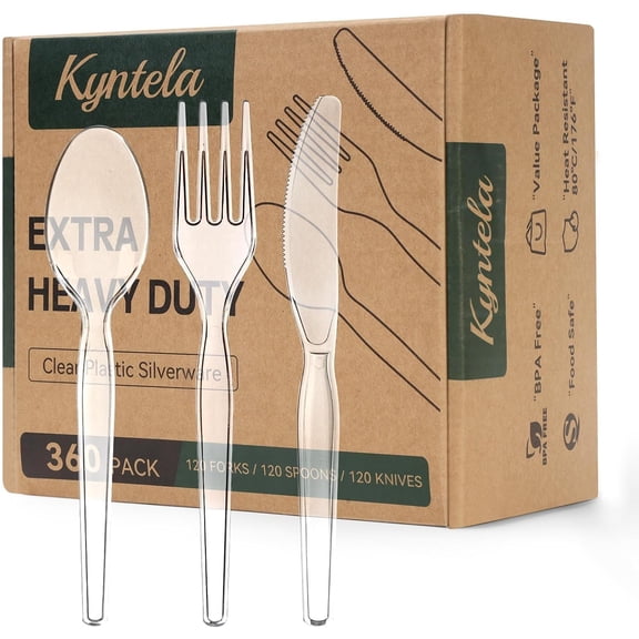 Heavy Duty Plastic Cutlery Set, 360 Count Disposable Cutlery Set with Clear Forks Spoons and Knives, BPA-Free Heat Resistant Silverware, Plasticware Bulk for Parties, Catering, Picnic