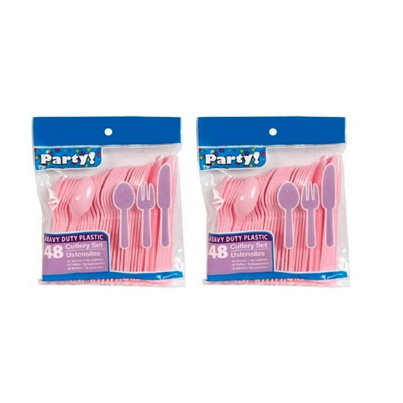 Heavy Duty Plastic Cutlery Set in Pink - 32 Spoons, 32 Forks, 32 Knives
