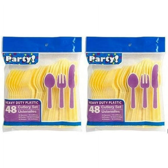 Heavy Duty Plastic Cutlery Set in Yellow - 32 Spoons, 32 Forks, 32 Knives