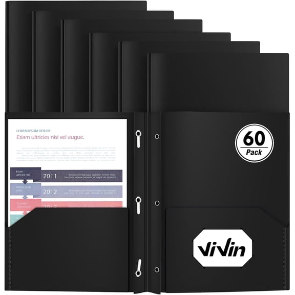 Heavy Duty Plastic Folder, 60 Pack, Pocket Folder with brads, Letter Size Poly File, Plastic Folders with 3 Prongs Fasteners - Black