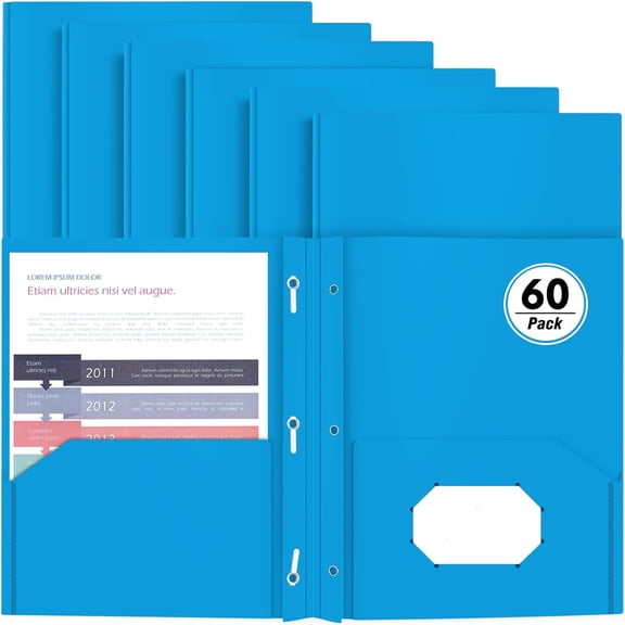 Heavy Duty Plastic Folder, 60 Pack, Pocket Folder with brads, Letter Size Poly File, Plastic Folders with 3 Prongs Fasteners