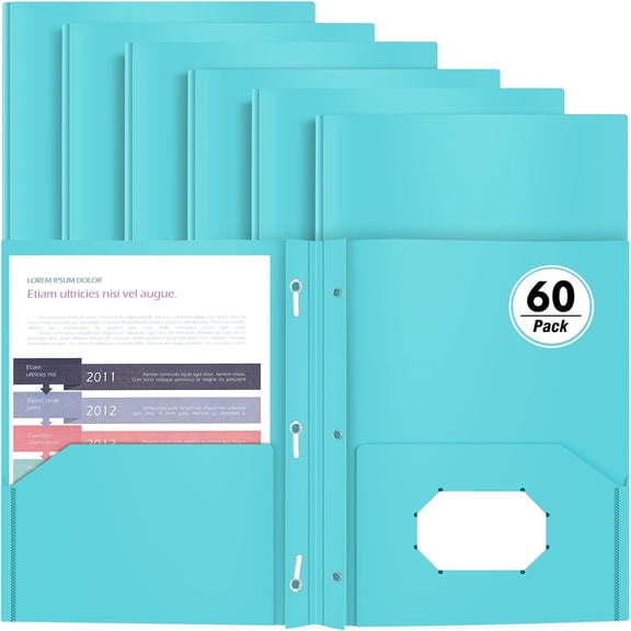 Heavy Duty Plastic Folder, 60 Pack, Pocket Folder with brads, Letter Size Poly File, Plastic Folders with 3 Prongs Fasteners
