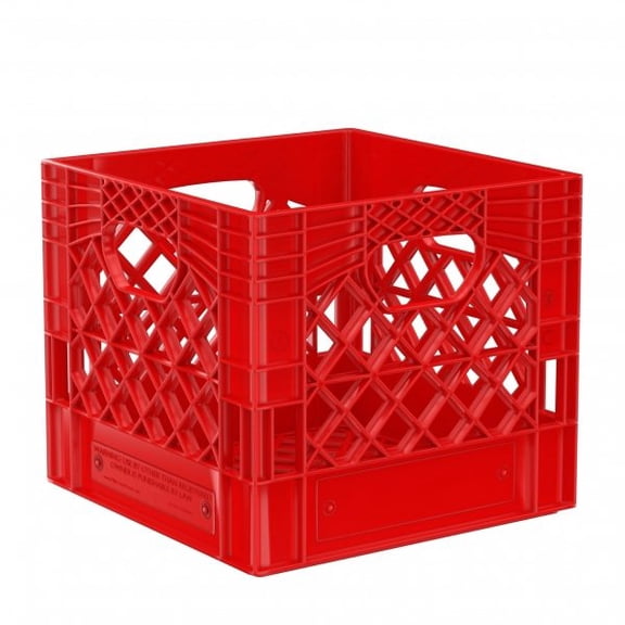 Heavy Duty Plastic Storage Milk Crate 16QT, Square Lattice Design, Stackable Utility Organizer Bin, 13x13x11 Inch, Made in USA (Red)