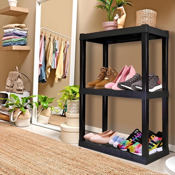 Heavy Duty Plastic Storage Shelves - 3-Tier Stackable Organizer Rack for Garage, Kitchen, Bathroom, Basement, Closet, Pantry, Books, Shoes, Toys