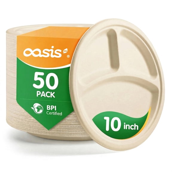 Heavy Duty Plates,OasisSN 3 Compartment 10-Inch Disposable Paper Plates,Sectional Lunch Trays + Dividers - Compostable Plates Round Plates for Home,Daily Use, 50 Count (Natural)