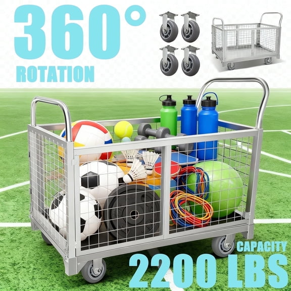 Net cage Trolley Removable Cage Dolly Cart Portable Platform Cart, 40''x23''x38'' Cart Load 2200LBS, Silvery Metal 4-in-1 Design for Office, Moving, Sport