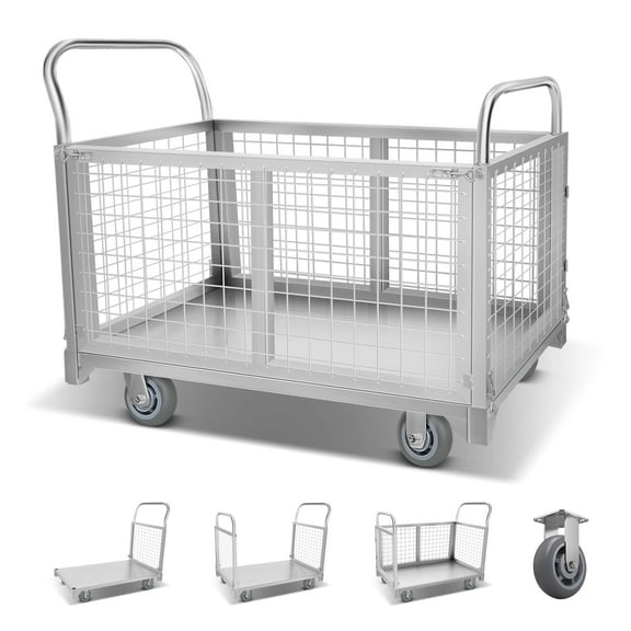 Heavy Duty Platform Truck Cart with Cage, 40.1" L X 23.2" W X 19.6" H, 2200 LBS Load Capacity, Alloy Steel Hand Truck with 4 Universal Wheels, Anti-Rust Push Cart for Grocery, Laundry, Warehouse