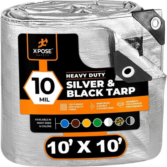 Heavy Duty Poly Tarp - 10' x 10' - 10 Mil Thick Waterproof, UV Blocking Protective Cover - Reversible Silver and Black - Laminated Coating - Rustproof Grommets - by Xpose Safety