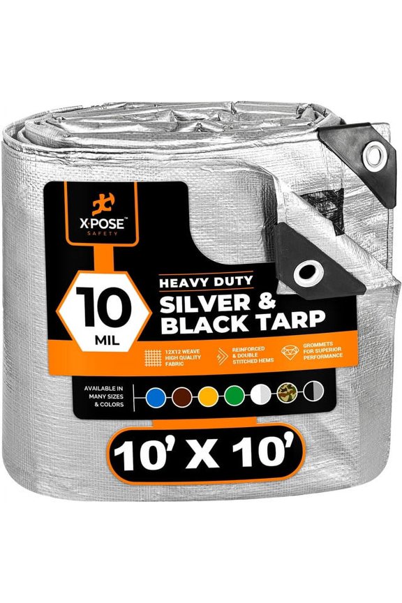 Heavy Duty Poly Tarp - 10' x 10' - 10 Mil Thick Waterproof, UV Blocking Protective Cover - Reversible Silver and Black - Laminated Coating - Rustproof Grommets - by Xpose Safety