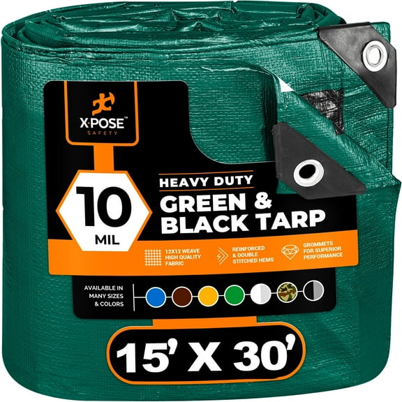 Heavy Duty Poly Tarp 15 Feet x 30 Feet 10 Mil Thick Waterproof, UV Blocking Protective Cover - Reversible Green and Black - Laminated Coating - Rustproof Grommets - by Xpose Safety