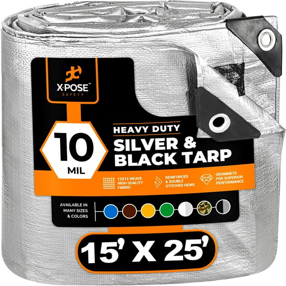 Heavy Duty Poly Tarp - 15' x 25' - 10 Mil Thick Waterproof, UV Blocking Protective Cover - Reversible Silver and Black - Laminated Coating - Rustproof Grommets - by Xpose Safety