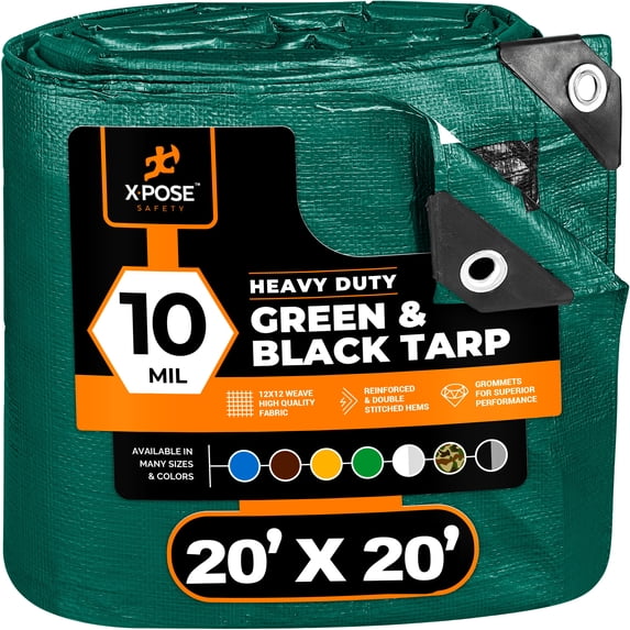 Heavy Duty Poly Tarp 20 Feet x 20 Feet 10 Mil Thick Waterproof, UV Blocking Protective Cover - Reversible Green and Black - Laminated Coating - Rustproof Grommets - by Xpose Safety