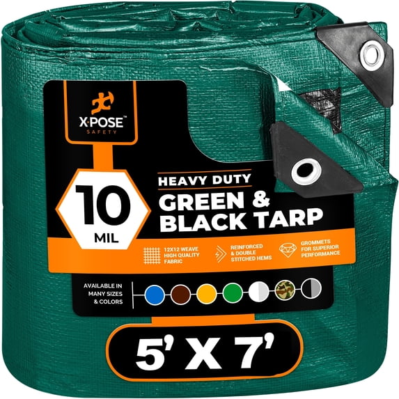 Xpose Safety Reversible Green and Black, 5 x 7', 10 mil Thickness Heavy Duty Poly Tarp