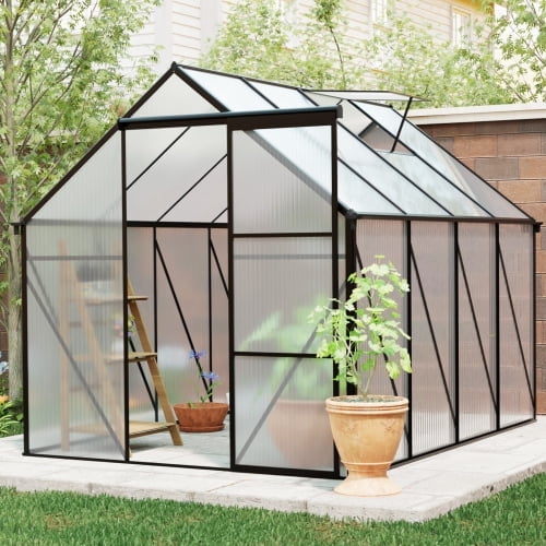 Geemuslly6x8 FTHeavy Duty Polycarbonate Greenhouse - Walk-in Aluminum Frame Greenhouse with Sliding Doors, Roof Vent & Raised Base - All Season Outdoor Garden Greenhouse for Backyard, Patio