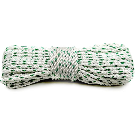 Heavy Duty Polyester Double Braided Rope, Arborist Rigging, Tree Work, Halyard, Sailing, 2200lbs High Strength Support for Camping, Hiking & Utility Use (White/Green - Without Loop, 3/16in x 65FT)