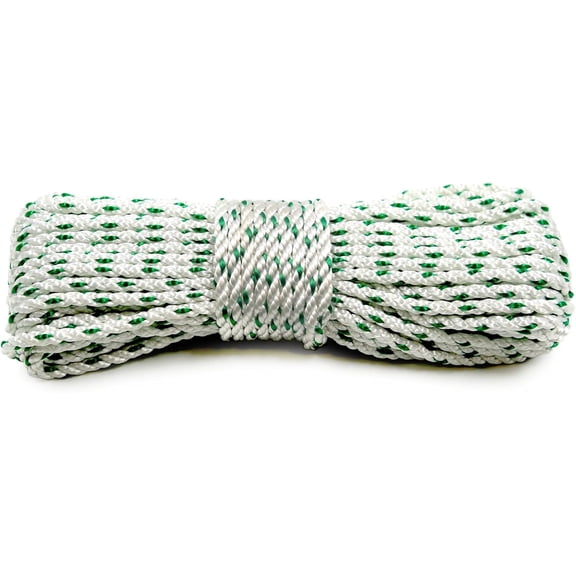 Heavy Duty Polyester Double Braided Rope, Arborist Rigging, Tree Work, Halyard, Sailing, 2200lbs High Strength Support for Camping, Hiking & Utility Use (White/Green - Without Loop, 3/16in X 65FT)
