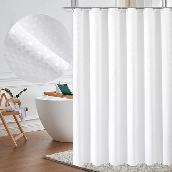Heavy Duty Polyester Fabric Shower Curtain with Weighted Hem | 70x70 Inch Hotel Spa Grade Cloth Bath Curtain for Bathroom, Apartment, RV | Water Repellent, Machine Washable with 12 Plastic Hooks