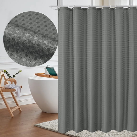 Heavy Duty Polyester Fabric Shower Curtain with Weighted Hem | 70x70 Inch Hotel Spa Grade Cloth Bath Curtain for Bathroom, Apartment, RV | Water Repellent, Machine Washable with 12 Plastic Hooks