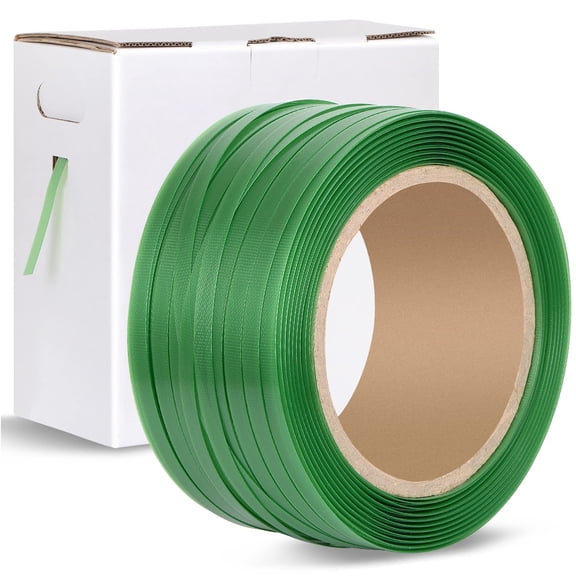 Heavy Duty Polyester PET Packaging Strapping Roll with Dispenser Box, 1000' x 5/8" 0.035", 1400 Lbs Break Strength
