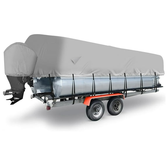 Heavy Duty Pontoon Boat Cover, 300D Waterproof Trailerable Boat Cover, 17'-20' Marine Grade Waterproof Covers with Adjustable Windproof Tightening Strap & Storage Bag, Gray