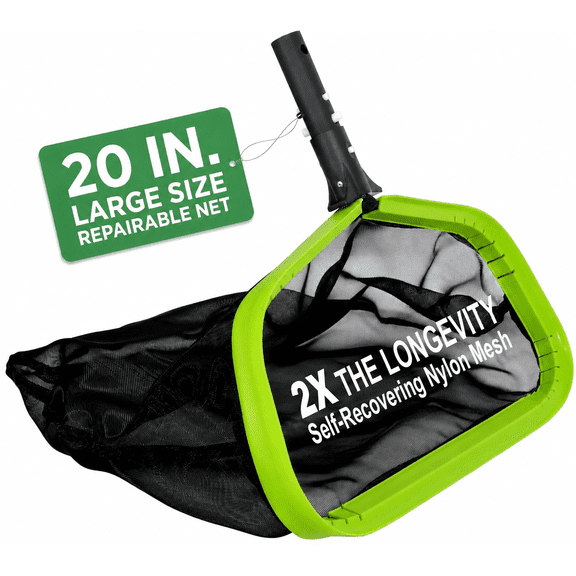 WaterJingle 20 in Heavy Duty Pool Skimmer Net, Fine Nylon Mesh Leaf Rake with Inclined Scoop Lip, Fits 1-1/4 in Poles, No Pole