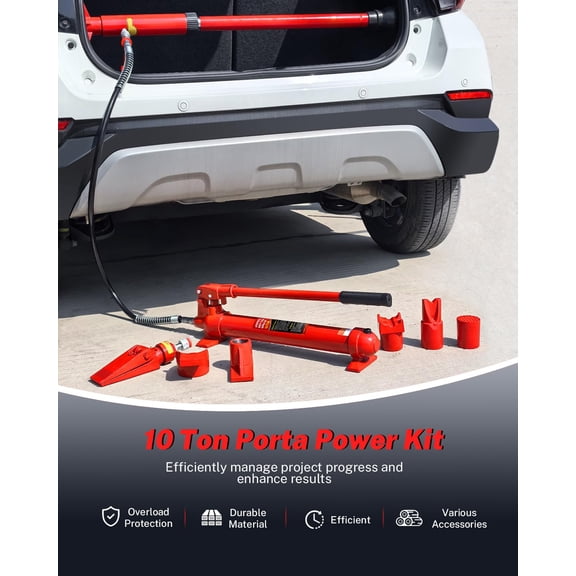 Heavy Duty Porta Power Hydraulic Jack Kit – 10 Ton Capacity, 17-Piece Auto Body Frame Repair Set, 5.1" Max Lift, Portable Car Truck Tractor Maintenance Tool with Carrying Case, 10T