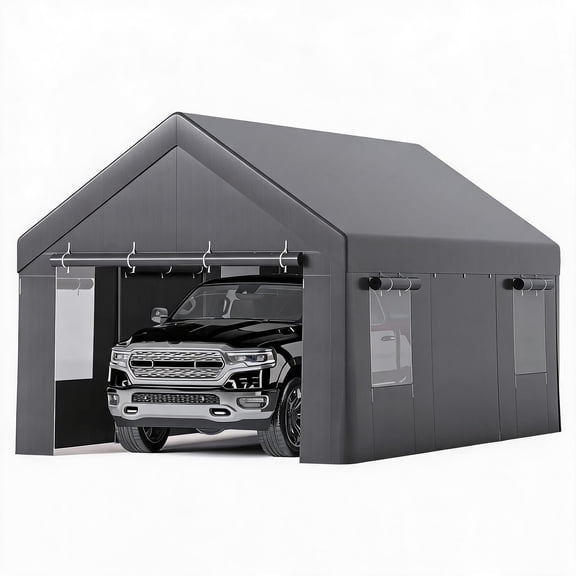 Heavy Duty Portable Carport Shelter Tent – 20x10x10 FT All-Weather Waterproof Garage, 4 Roll-Up Zippered Doors, Mesh Windows, Galvanized Steel Frame, Car, Truck, SUV, Boat, Gray