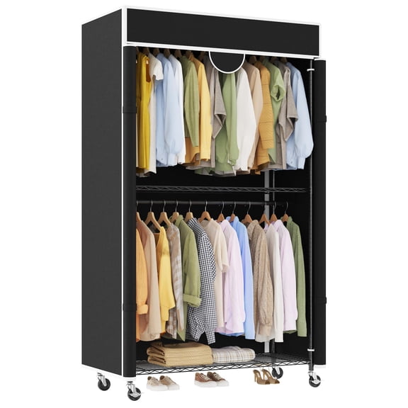 Heavy Duty Portable Closet Wardrobe with Cover Carbon Steel Clothes Rack Dustproof, Tool-Included Assembly Freestanding Garment Organizer with Wheels for Bedroom, Laundry, Storage