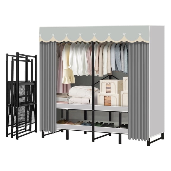 Heavy Duty Portable Closet Wardrobe with Cover, Foldable Garment Rack with Shelves for Bedroom Clothes and Bedding Storage, 1200 lb Capacity